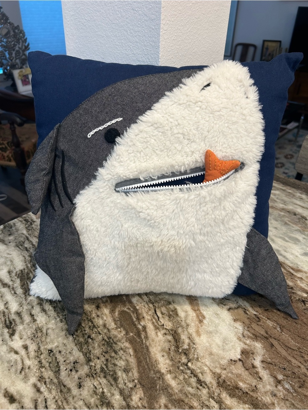 Pottery barn kids shark bite plush Throw Pillow with movable Fish a few stains